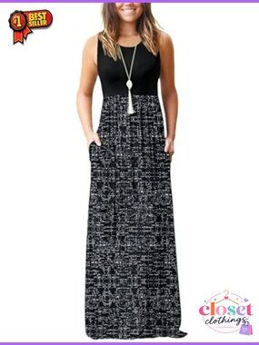 Sleeveless Maxi Dress with Pockets, Damask Print, Round Neck, Casual Summer